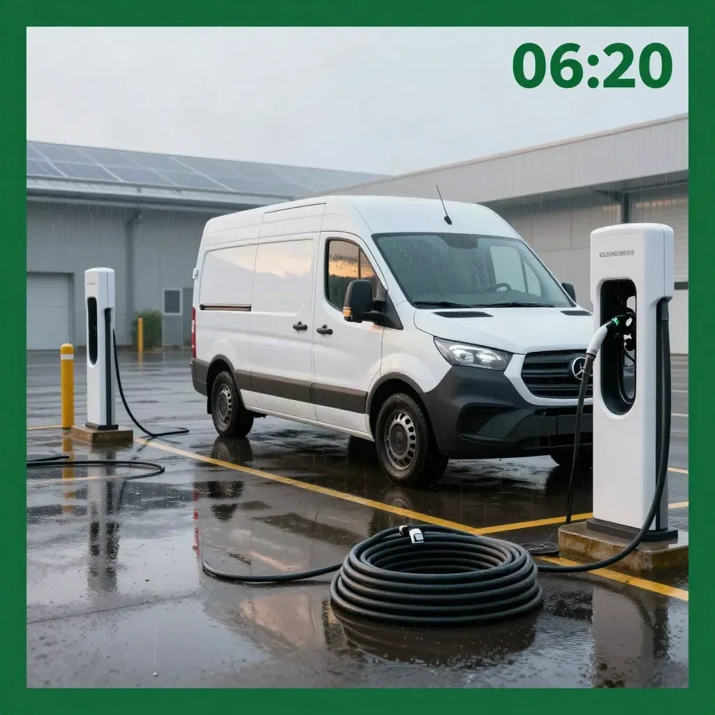 White EV van entering a wet depot beside a charger, with warehouse haze and reflections.