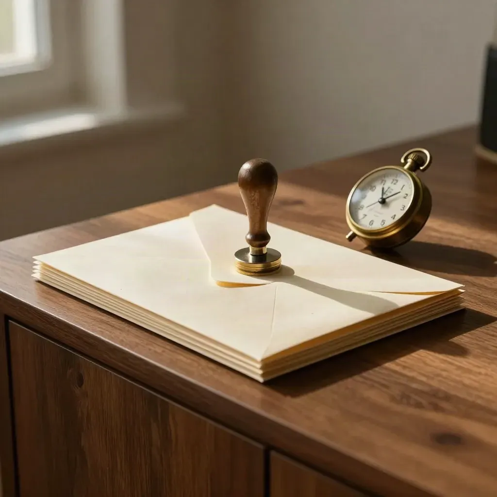 Brass timer, metal stamp, and sealed envelopes on a walnut sideboard in warm window light.