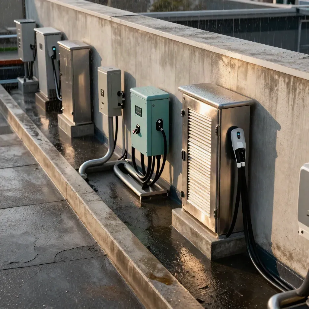 Oblique close-up of roofline EV chargers and a switchgear room, wet with drizzle, at a retail park edge.