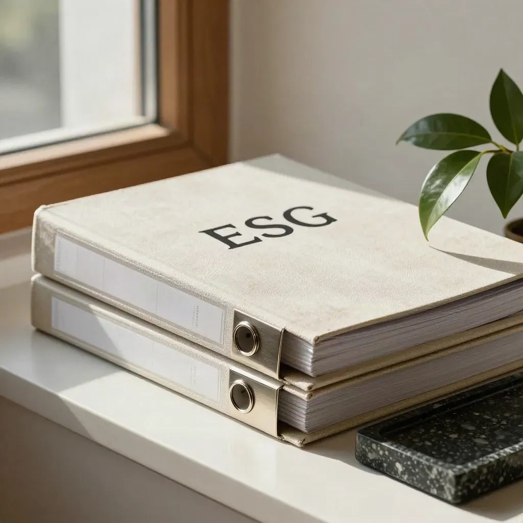 Sunlit ESG binders, steel clips, stone tray and plant in a calm office corner