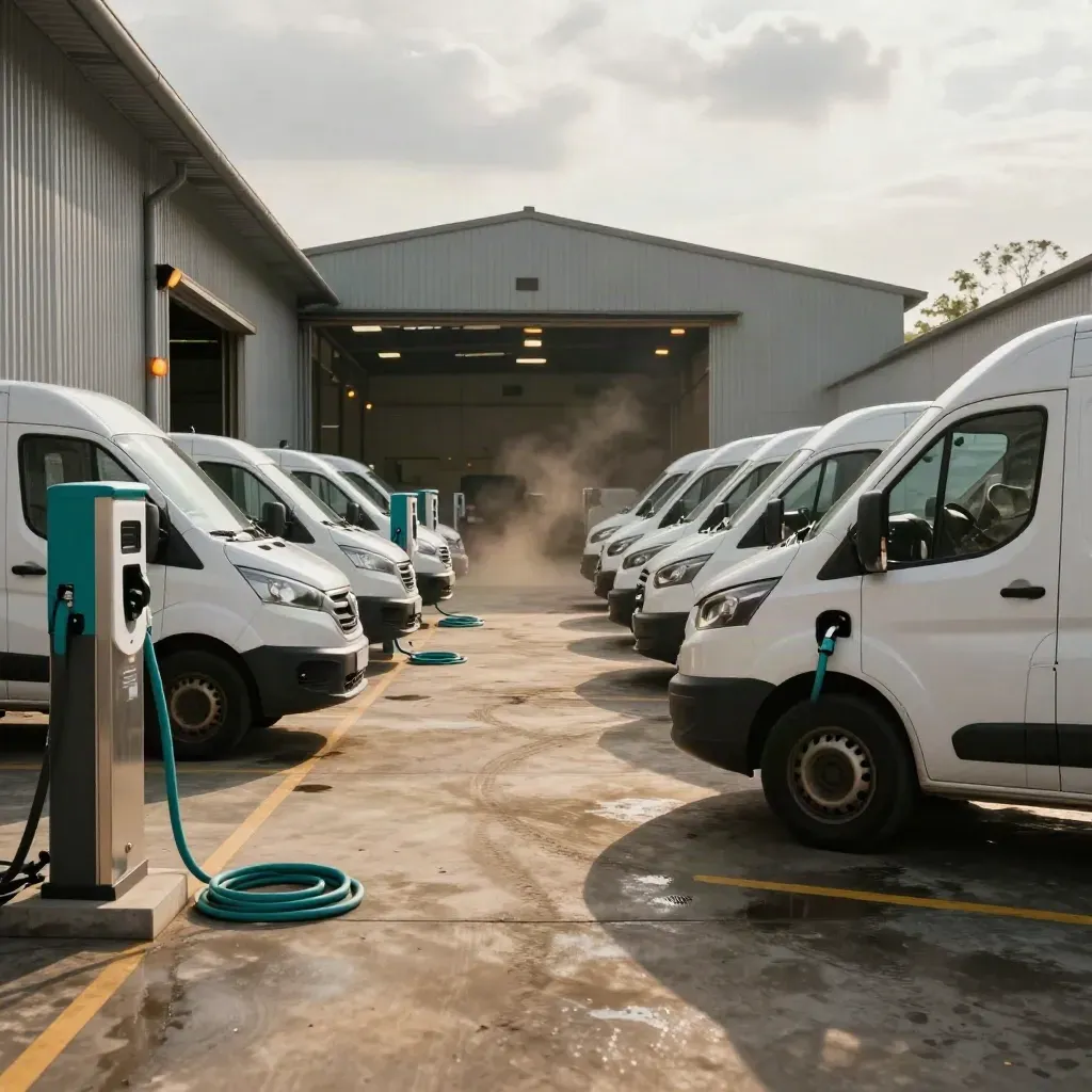 White EV vans, chargers and a small warehouse in a regional service yard at dusk.