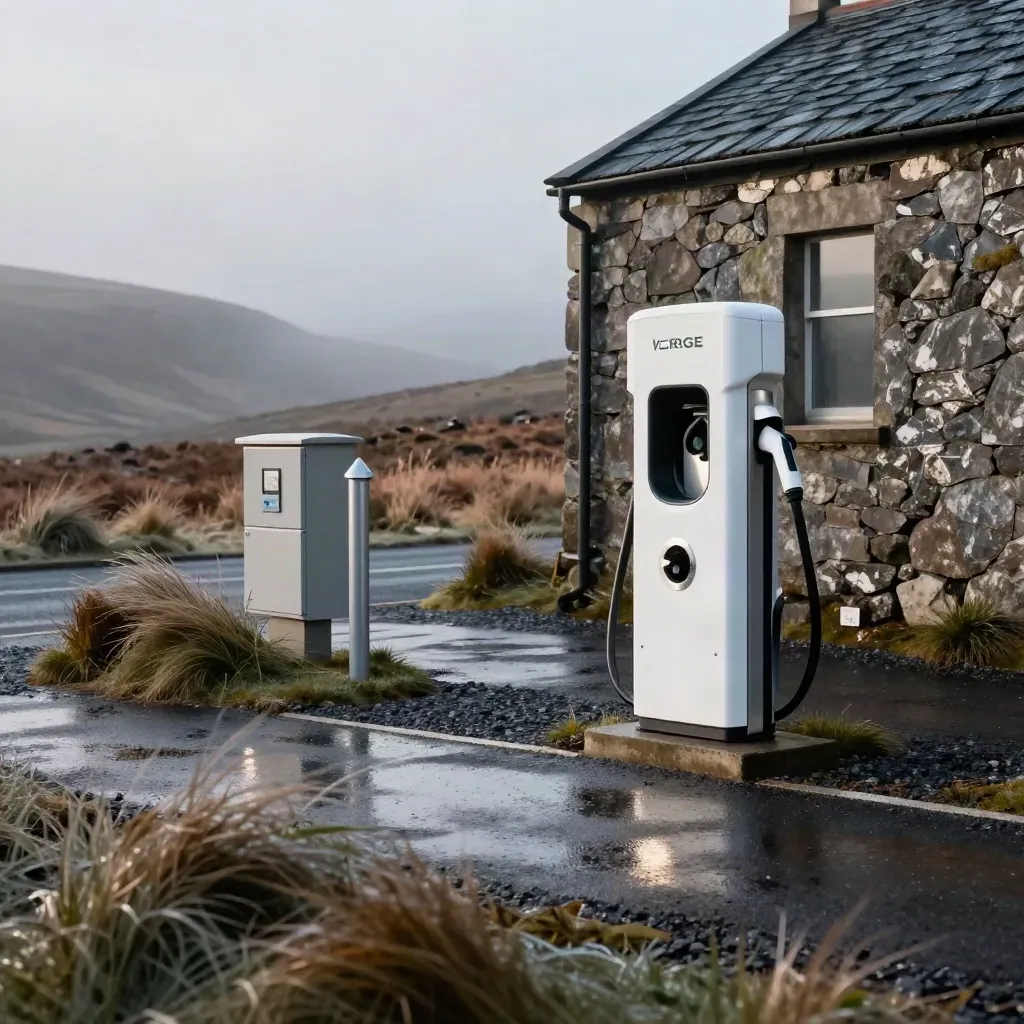 Rural EV charger beside a stone building in cold mist and wind-bent grass.