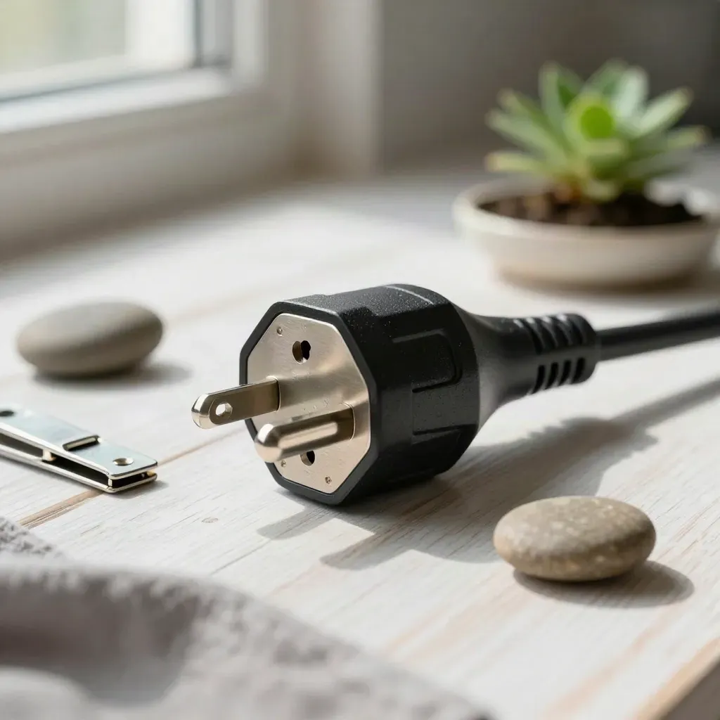 Three-phase plug, clip, pebble, and plant on pale wood in soft daylight