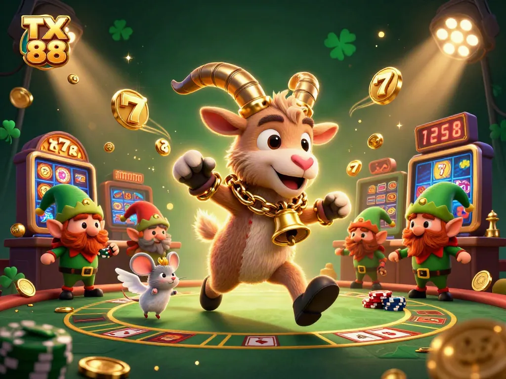 TX 88 showcases a fantastical casino scene with Krampus and playful characters, highlighting slot elements and gold.
