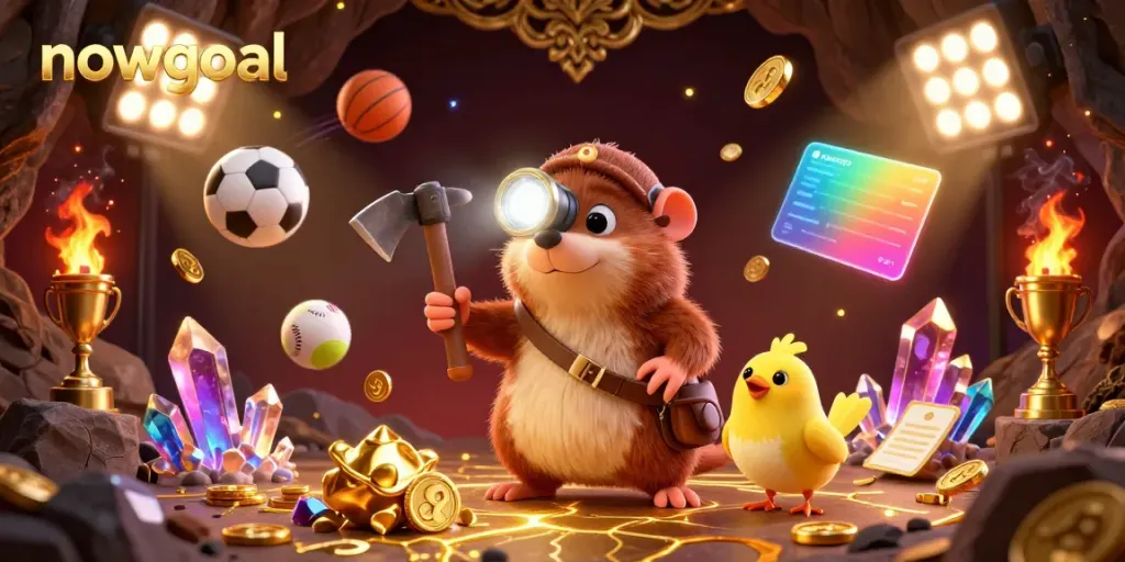 Experience thrilling betting action with nowgoal, where a treasure hunter mole and canary explore a cave filled with gems and sports elements.