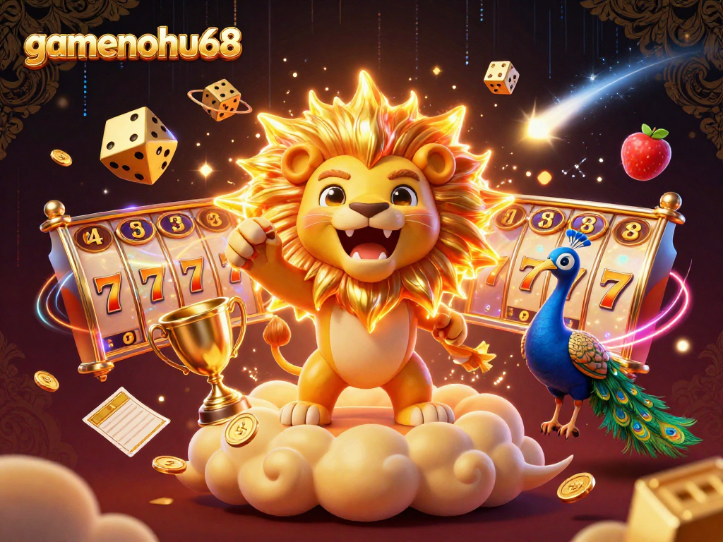Engage with gamenohu68's thrilling casino adventure featuring a majestic sun lion and jackpot symbols.