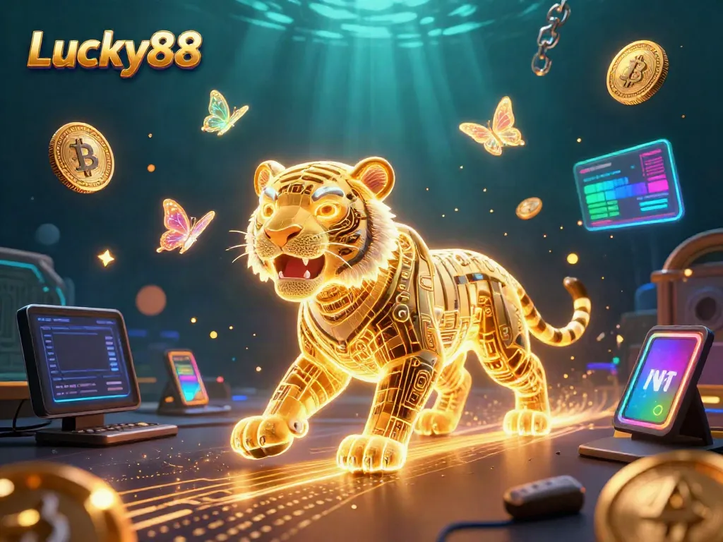 Experience the thrill of Lucky88 with a vibrant casino scene featuring a golden tiger and crypto elements.
