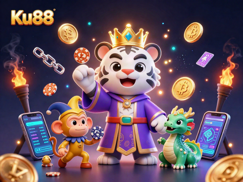 Explore thrilling casino action at Ku88 with a regal white tiger and golden monkey amidst crypto elements.