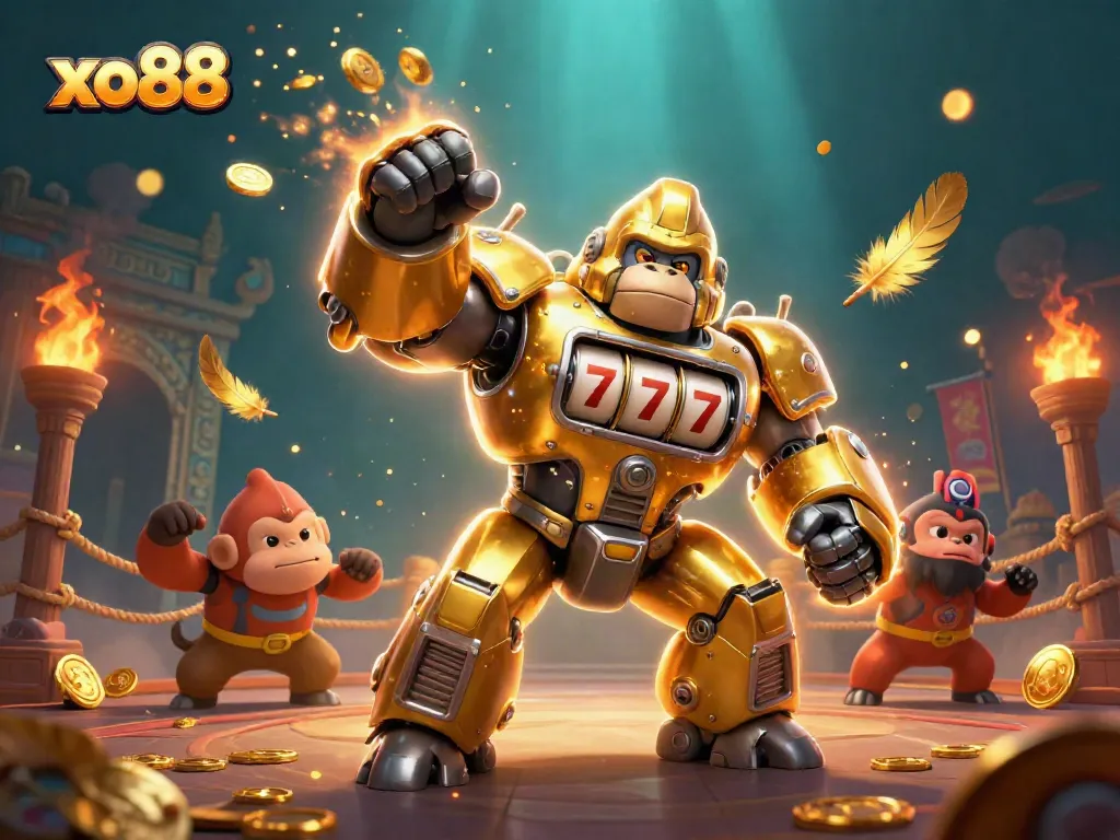 Experience exciting wins at xo88 with a vibrant 3D illustration of a golden gorilla mech celebrating with coins.