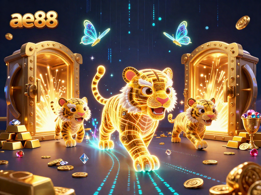 Experience the excitement of ae88 with a neon-wireframe tiger in a vibrant casino landscape.