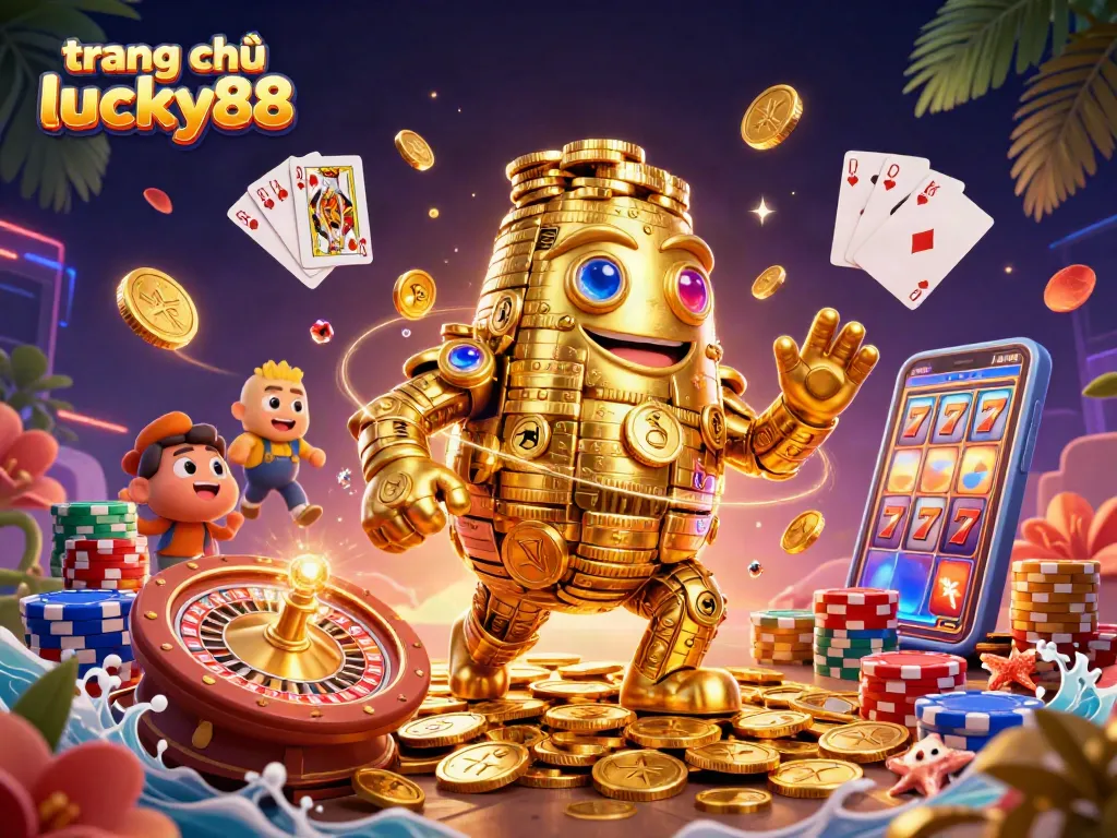 Experience the vibrant energy of trang chủ lucky88 with a dynamic illustration of casino excitement and golden opportunities.
