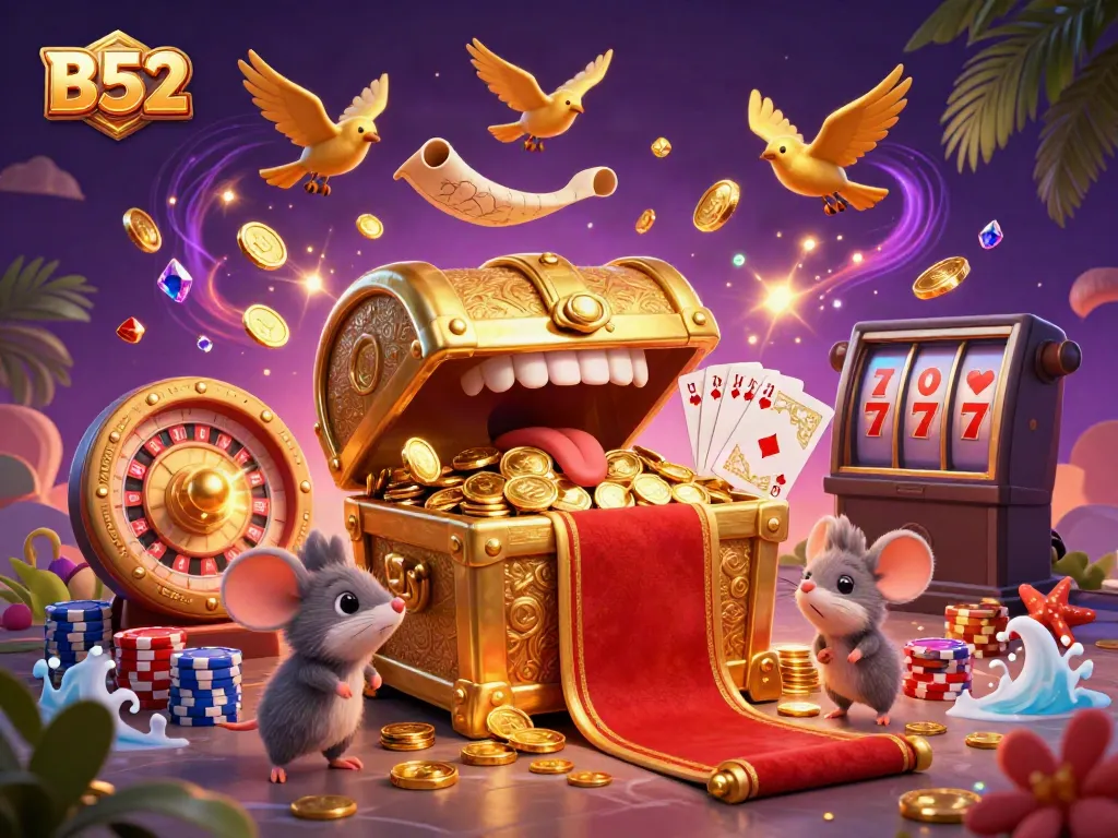 Experience B52's thrilling casino adventure, featuring golden treasure chests and vibrant gameplay elements.