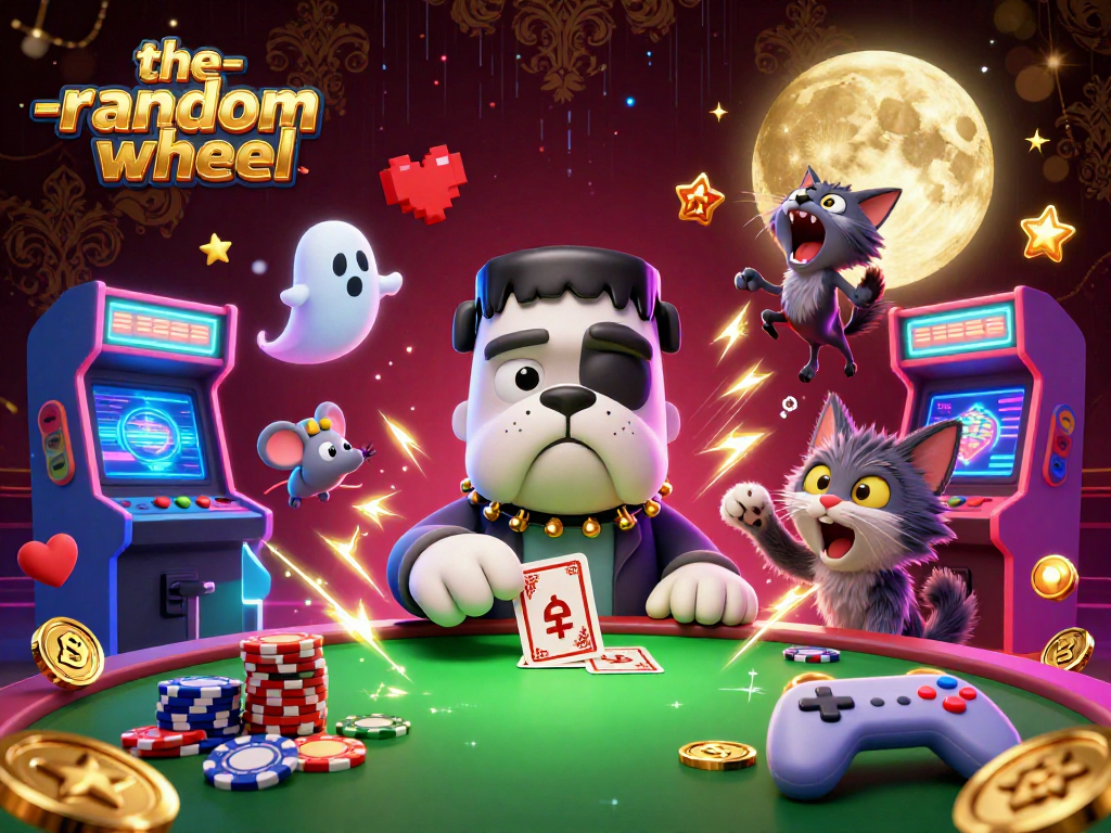 Win big with the-random-wheel in this vibrant and packed cartoon casino scene filled with excitement and energy.