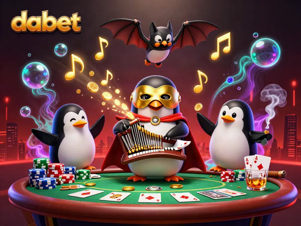 Win big with dabet at a fabulous casino scene featuring a cartoon penguin and playful elements.