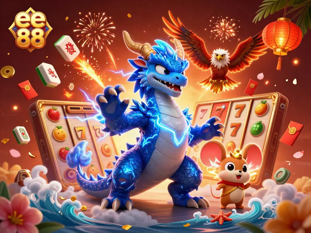 Play at ee 88 with a thrilling scene of colorful slot reels and dynamic characters.