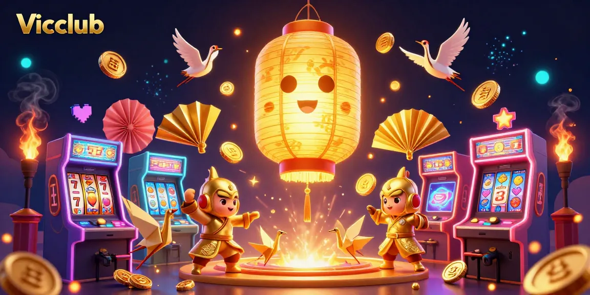 Play exciting slot games at Vicclub, featuring golden lanterns and dynamic game elements.
