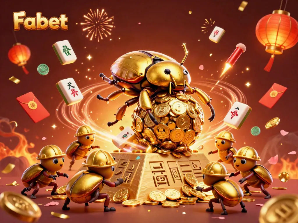 Experience the excitement of Fa bet with a golden dung beetle rolling coins and vibrant casino symbols.