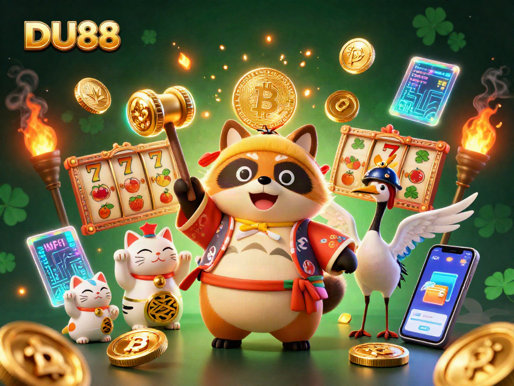 Engage with DU88's lively casino scene featuring a cheerful tanuki and lucky motifs.