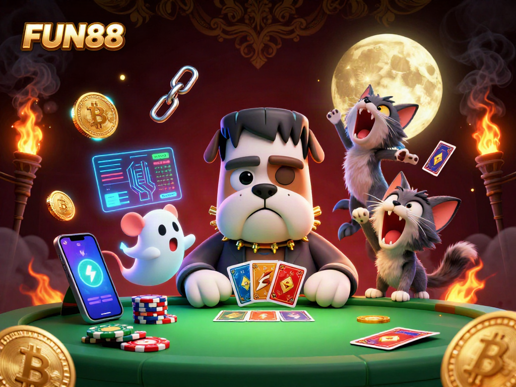 Experience thrilling gaming with FUN88 in this vibrant 3D casino scene full of excitement.