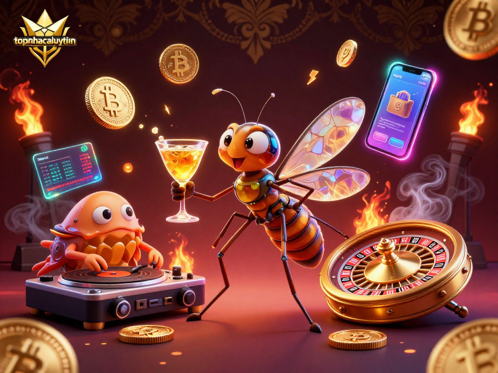Engage with the excitement of casino gaming at topnhacaiuytinn, featuring vibrant characters and crypto elements.