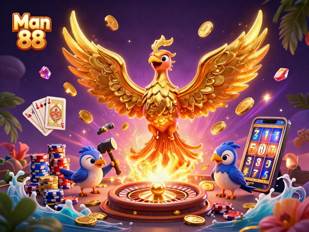 Experience thrilling gaming opportunities at Man 88 with vibrant casino illustrations and dynamic elements.
