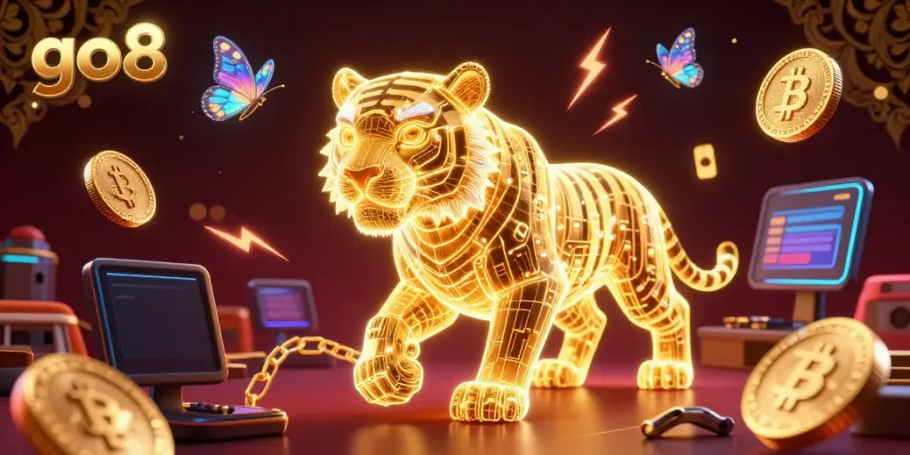 Engage with go8's digital casino scene, featuring glowing cryptocurrency coins and an energetic golden tiger.