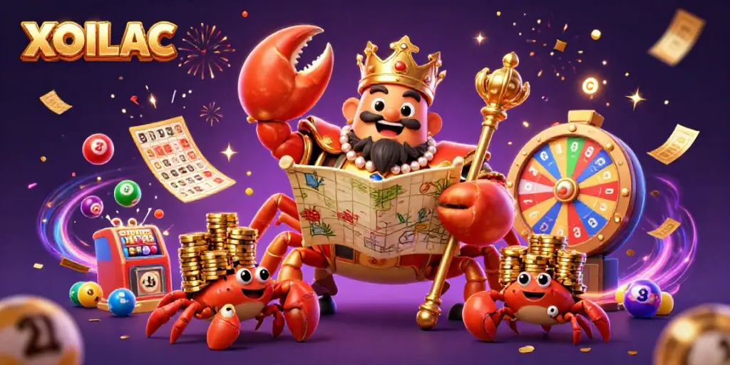 Experience the royal delights of XOILAC with a golden crab emperor surrounded by dynamic lottery elements.