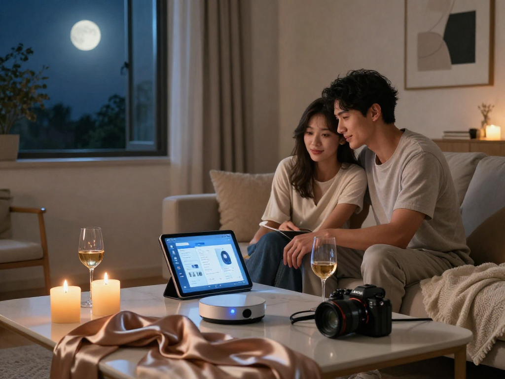 Couple engaging with AI sex tech devices in a cozy modern room, enhancing intimacy and connection.