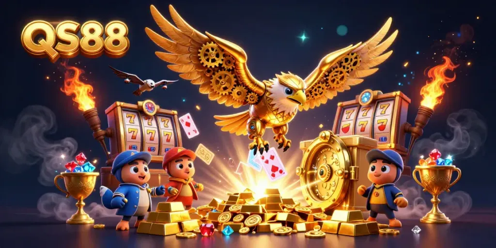 Engage with vibrant casino-themed QS88 illustration showcasing a golden eagle flying through vibrant playing cards.