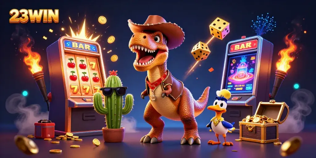 Engage with thrilling jackpot action at 23WIN casino featuring a dino cowpoke.