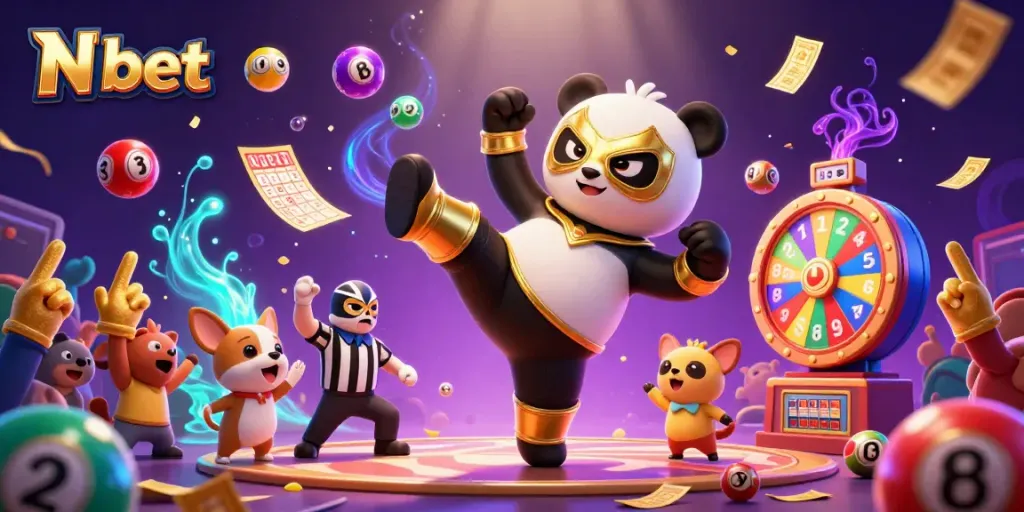 Engage with N bet through exciting gameplay scenes of a panda wrestler, lottery elements, and dynamic betting action.