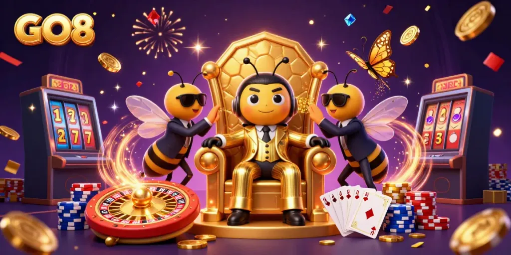 GO8 casino illustration showcasing a cartoon bumblebee mob boss with vibrant casino elements, engaging players.
