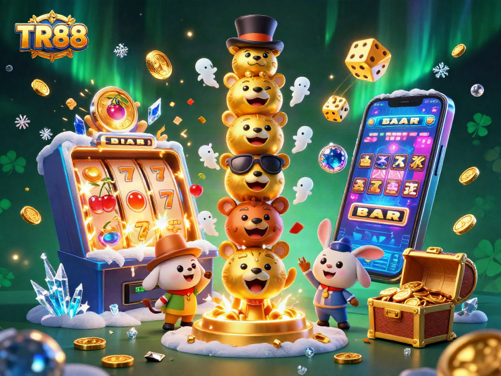 Spin the reels with TR88 in a vibrant, casino-themed digital illustration featuring dynamic game elements.