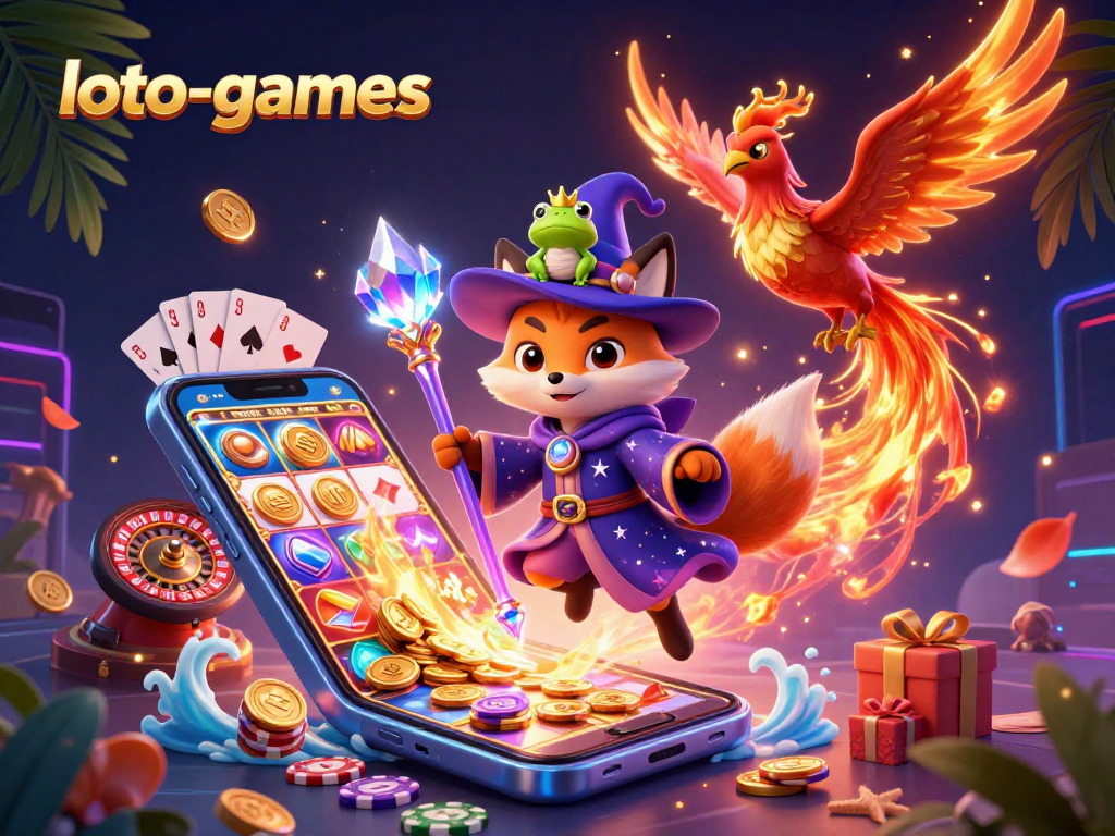 Spin the reels with loto-games in this vibrant 3D scene featuring casino elements and magical characters.