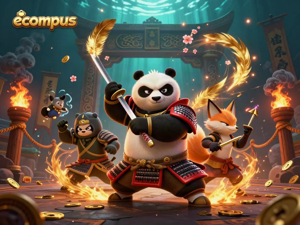 Experience thrilling gameplay at ecompus with samurai panda and ninja fox in a vibrant casino arena.